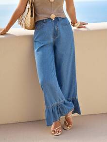 SHEIN Holidaya 女士口袋宽松阔腿休闲百搭牛仔裤 - 藍色 - 查看 4