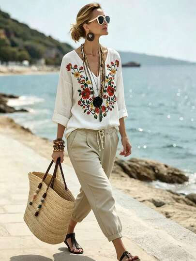 SHEIN Holidaya Áo len nữ cổ chữ V thêu hoa, áo thun nữ đi biển, áo thun dệt kim phong cách Bohemian.