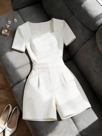 Franclia 女士休闲简约短袖方领连体裤，适合日常外出和居家穿着