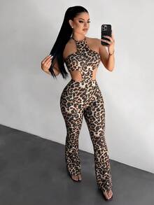 SHEIN SXY Bộ jumpsuit nữ họa tiết da báo khoét eo cổ yếm - Nhiều màu - Xem 5