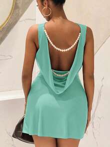 Slaydiva Women's V-Neck Sleeveless Open Back Pearl Chain Decor A-Line Mini Dress,Elastic Satin Ruched Waist Summer Seductive Party Teal Brown Wedding Dress - Mint Green - View 7