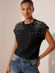 Lilora 女士优雅水钻装饰圆领短袖时尚T恤 - 黑色 - 查看 5