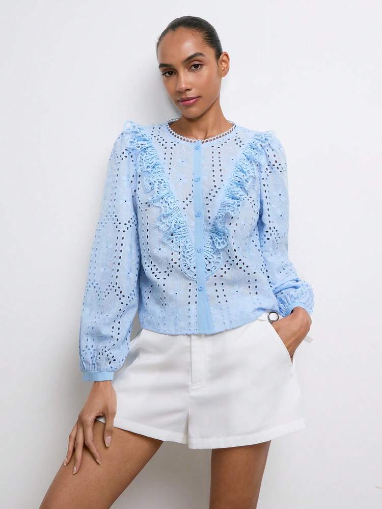 SHEIN Maija Blue Embroidered Women's Blouse, Long Sleeve Round Neck With Ruffle Trim, Short Casual Holiday Style