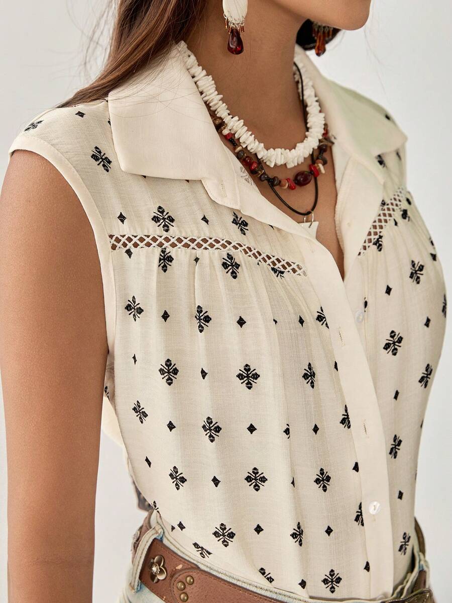 Weeklong 杏色波西米亚印花无袖加大码女式衬衫 - 黑色 - 查看 1