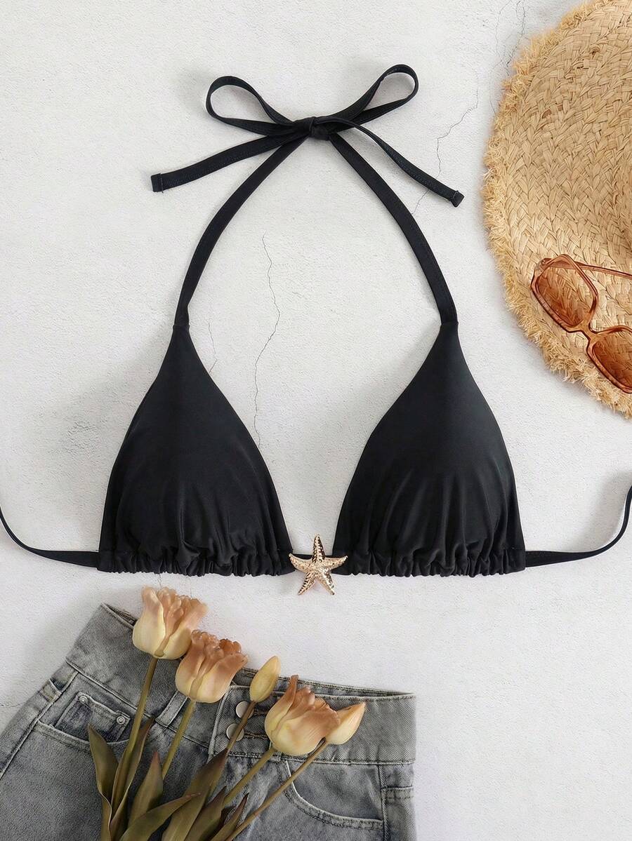 Swim Basics Plus Size Women's Solid Color Halter Bikini Top, Summer - Black - View 1