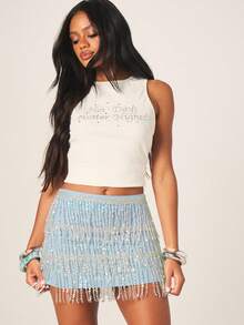 MISSGUIDED Chân váy ngắn đính sequin và hạt cườm dành cho nữ, kiểu dáng ôm sát, cạp cao, có tua rua, thích hợp cho các bữa tiệc, lễ hội, câu lạc bộ. Món đồ nổi bật trong tủ đồ của bạn. - Màu xanh lam - Xem 3