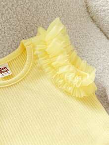 Cozy Pixies Baby Girl Solid Color Knit Soft Round Neck Short Sleeve Pullover Top, Versatile & Comfortable - Yellow - View 3