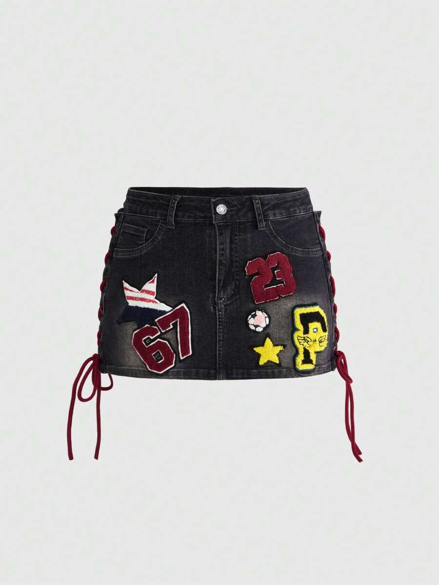 ROMWE Grunge Punk Streetwear Sports Numeric Flag Embroidered Denim Mini Skirt - Black - View 1