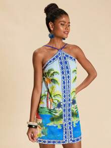 Travachic Spring/Summer Vacation Woven Printed Halter Mini Dress For Women - Multicolor - View 6