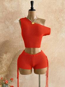 Soleia Bộ 2 món gồm áo croptop dệt kim lệch vai màu trơn và quần short dệt kim có tua rua dành cho nữ. - trái cam - Xem 3