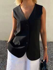 DAZY Jaqueta feminina sem mangas com decote em V, modelagem solta e cor sólida, elegante e formal para férias no verão. - Preto - Ver 8