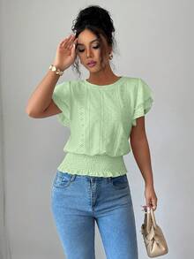 Selianne Summer Casual Vacation Jacquard Knit Round Neck T-Shirt - Green - View 6