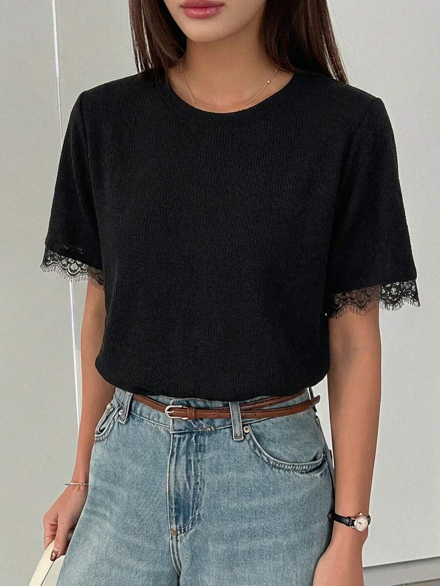DAZY Women's Summer Round Neck Short Sleeve Lace Patchwork Casual Pullover T-Shirt - Black - View 1