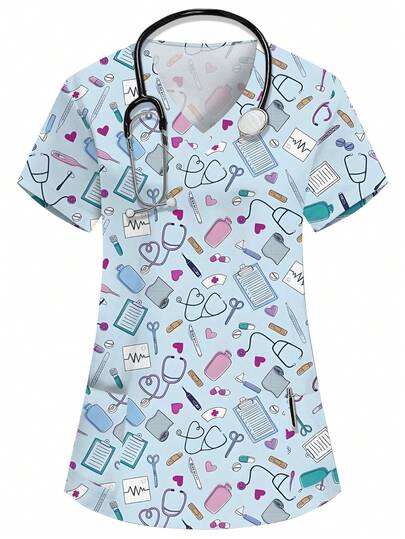 PopScrub Blusa de mujer con cuello en V, manga corta y bolsillo doble con estampado de dibujos animados, adecuada para uniforme de enfermera/médico, uniforme de chequeo de salud/cirugía, uniforme de peluquería de mascotas, uniforme de nutricionista, bata de laboratorio, ropa de trabajo funcional de múltiples bolsillos, atuendo festivo lindo y alegre