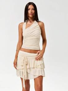 SHEIN ICON 夏季女士性感度假外出派对舞会米色纯色不对称领口褶皱露背上衣 - 杏色 - 查看 5