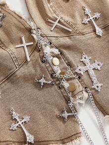 ROMWE Goth Women's Retro Dark Cross Pendant Denim Crop Top - Brown - View 3