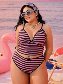 Swim Mod 2026新款加大码女式两件套随机几何印花时尚度假休闲简约显瘦端庄蝴蝶结可调节加粗肩带高腰高开衩三角比基尼泳衣 - 粉色 - 查看 4