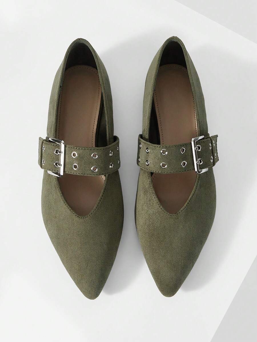 Mnmlis Women's Pointed Corns Buckle Design Fashionable Daily Travel Casual Shoes - Army Green - View 1