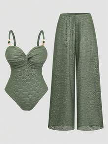 Swim Oasis Plus Size Solid Color Beaded Decor Spaghetti Strap One-Piece Swimsuit With Long Pants - Green - View 1