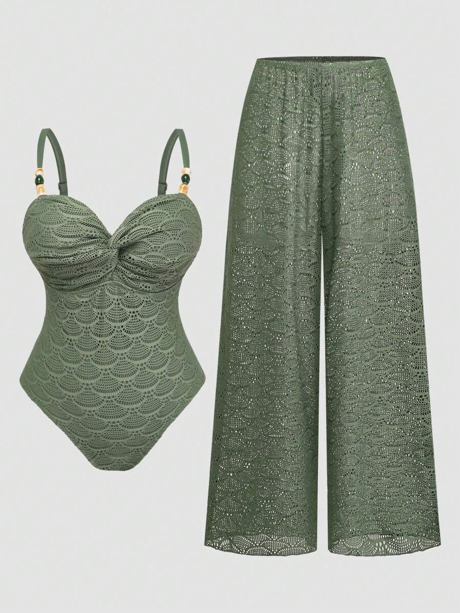 Swim Oasis Plus Size Solid Color Beaded Decor Spaghetti Strap One-Piece Swimsuit With Long Pants - Green - View 1