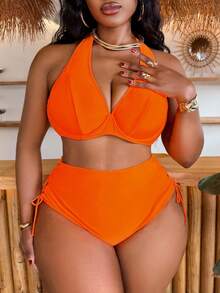 Slaydiva Plus Size Women's Solid Color Halter Tie Sexy Bikini And Triangle Panty Swimwear Set - Orange - View 7