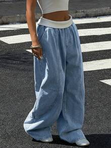 Muchica Quần nữ dáng rộng, ống rộng, túi xéo, cạp gập, chất liệu denim mài, kiểu dáng thường ngày. - Rửa nhẹ - Xem 4