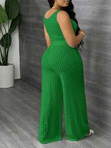 Slaydiva Plus Size Solid White Long Casual Vest And Wide Leg Pants 2 Pieces Set, Spring/Summer - Green - View 2