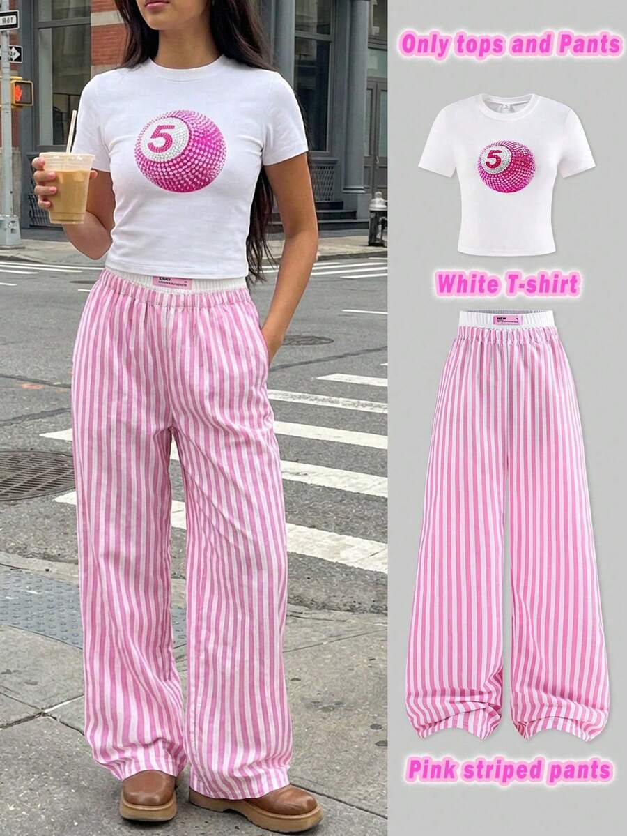 SHEIN ChillGRL 少女套装,休闲针织T恤,8球印花图案圆领修身短款T恤,粉色条纹拼接白色腰带,撞色拼接宽松直筒裤,适合春夏日常穿着 - 粉色 - 查看 1