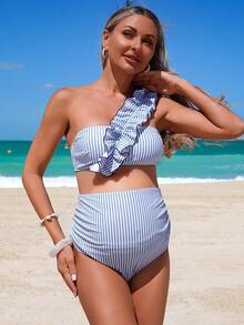SHEIN 2026 New Summer Beach Holiday Striped Asymmetrical Shoulder Maternity Swimwear Set,Women's Ruffle Tummy Control Bathing Suit For Cruise,Boho Vacation - Multicolor - View 9