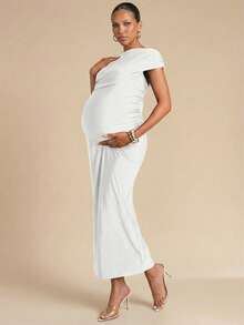 MaterniChic Elegant Solid Color Maternity Dress For Summer - White - View 3