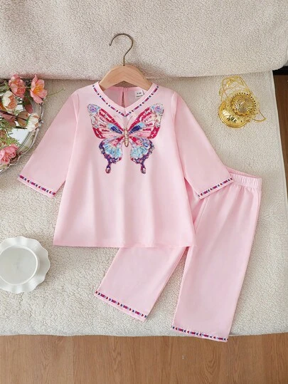 SHEIN 女婴紫色碎花边套头卫衣和配套长裤套装，适合外出、休闲穿着、派对场合、假期穿着。