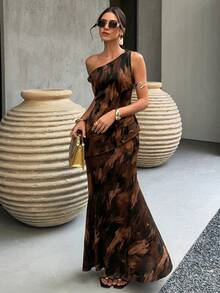 SHEIN Clasi Trang phục mùa hè cho nữ, kiểu dáng bất đối xứng, thắt nút xoắn, dáng đuôi cá, thích hợp cho kỳ nghỉ. - màu nâu - Xem 4
