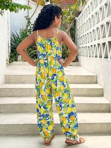 SHEIN Bộ áo liền quần kiểu dáng thường ngày cho bé gái tuổi teen, phong cách nghỉ hè thoải mái, in họa tiết cây nhiệt đới, áo hai dây, áo liền quần kiểu Hawaii. - Nhiều màu - Xem 2