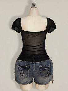 SHEIN ICON Áo nữ cỡ lớn phối lưới, cổ tim, tay ngắn, kiểu dáng thanh lịch. - màu đen - Xem 2