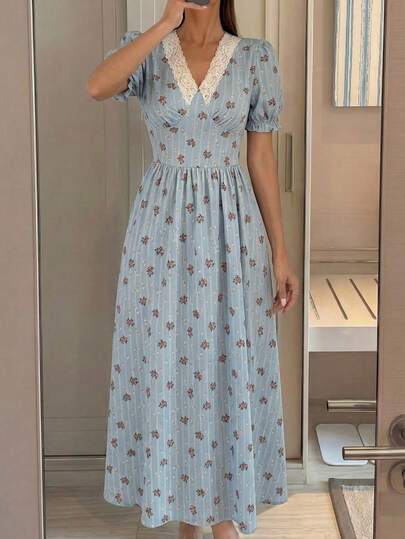Feyla 女士V领蕾丝印花休闲优雅收腰中长连衣裙，适合约会和派对穿着