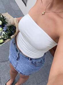 GalTyme Plus Size Plain Pencil Fit Strapless Top With Pleats - White - View 6