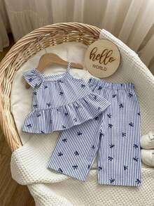 SHEIN 2pcs Baby Girl Woven Striped Ruffle Trim Camisole Top And Long Pants Set - Blue - View 2