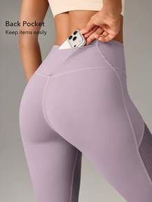 Women Outdoor Black Leggings Solid Color Running Gym Yoga Quick-Dry Tummy Control High Waist Mesh Panel Spors Pants Summer Spring - Dusty Purple - View 4