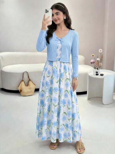 SHEIN 2pcs/Set Teen Girl Petite Girls' Spring/Autumn Casual Ribbed Knit Cardigan With Bow Decor And Elegant Floral Print Chiffon Slip Dress