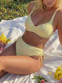 Swim Mod Plus Size European And American Steel Framed Gather Swimwear Set, Soft Cup Bikini With Jacquard Texture In Light Yellow - Yellow - View 6
