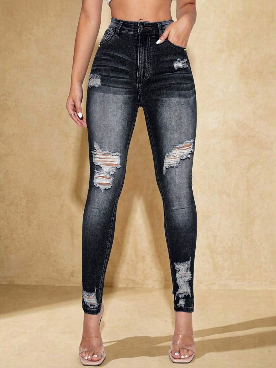 SHEIN Essnce Women's Front Button Pocket Ripped Casual Denim Jeans - Black - View 1