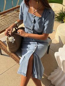 DAZY Women's Square Neck Waist Cinched X-Shaped Short Sleeve Mid-Length Button Down Denim Dress, Spring & Summer - Blue - View 7