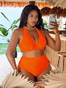 Slaydiva Plus Size Women's Solid Color Halter Tie Sexy Bikini And Triangle Panty Swimwear Set - Orange - View 1