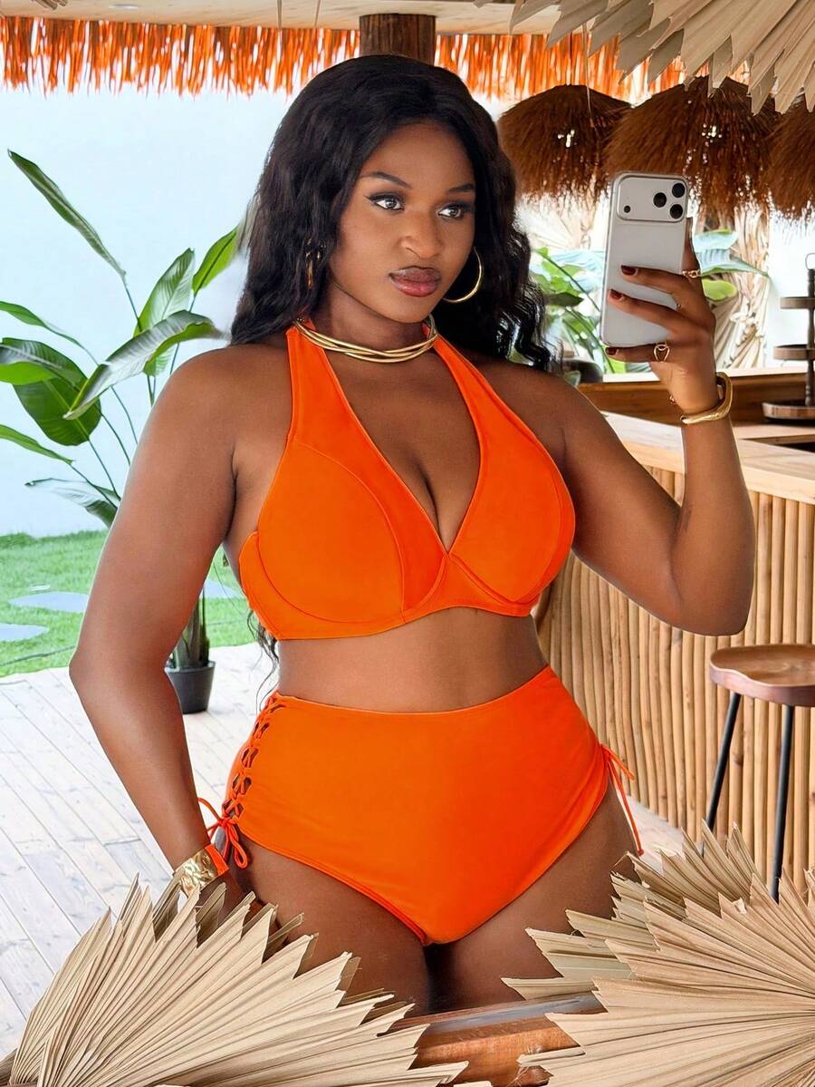 Slaydiva Plus Size Women's Solid Color Halter Tie Sexy Bikini And Triangle Panty Swimwear Set - Orange - View 1