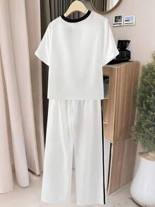 Everyssa 2 件女士时尚圆领刺绣印花撞色饰边 T 恤，休闲松紧腰刺绣阔腿裤套装 - 彩色 - 查看 2