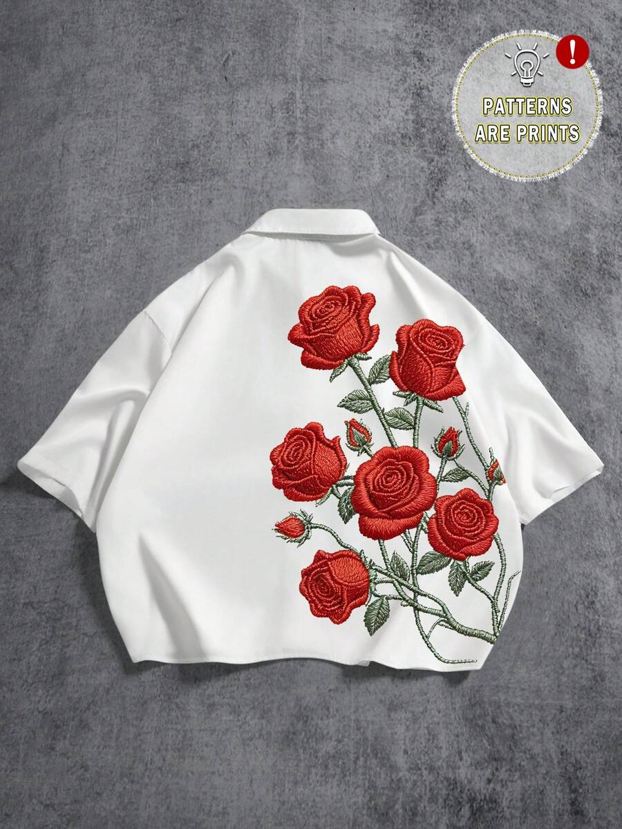 Manfinity ZONE917 Camisa de manga corta con estampado floral de rosas rojas falsas bordadas, de corte holgado, adecuada para primavera/verano, gran regalo para amigos - Blanco - Ver 1