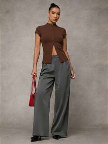 SHEIN BAE Women's Chic Coffee Brown Mock Neck Top,Capped Sleeve Single-Breasted Casual Summer Jersey Shirt,Everyday Fleece Sweater Button Up Winter Clothes - Coffee Brown - View 4