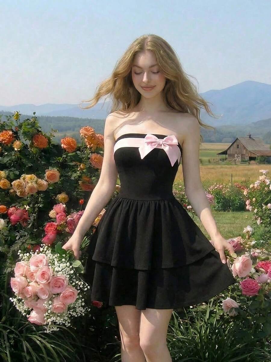 SHEIN MOD Đầm ngắn xếp tầng không dây màu đen với chi tiết nơ hồng – Kiểu dáng xòe thanh lịch, đầm hè và xuân dành cho nữ, thích hợp cho hẹn hò, dự tiệc, nghỉ xuân, du lịch, dã ngoại, lễ hội, sinh nhật. - màu đen - Xem 1