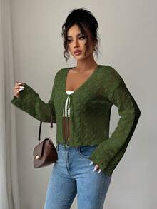 Elenzga Women's Elegant Tie-Front Hollow Out Cardigan - Army Green - View 7