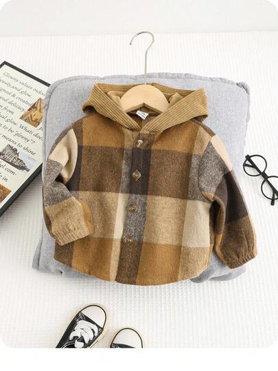 SHEIN Baby Boys Casual Plaid Patchwork Jacket Cardigan Shirt,In Fall/Winter
